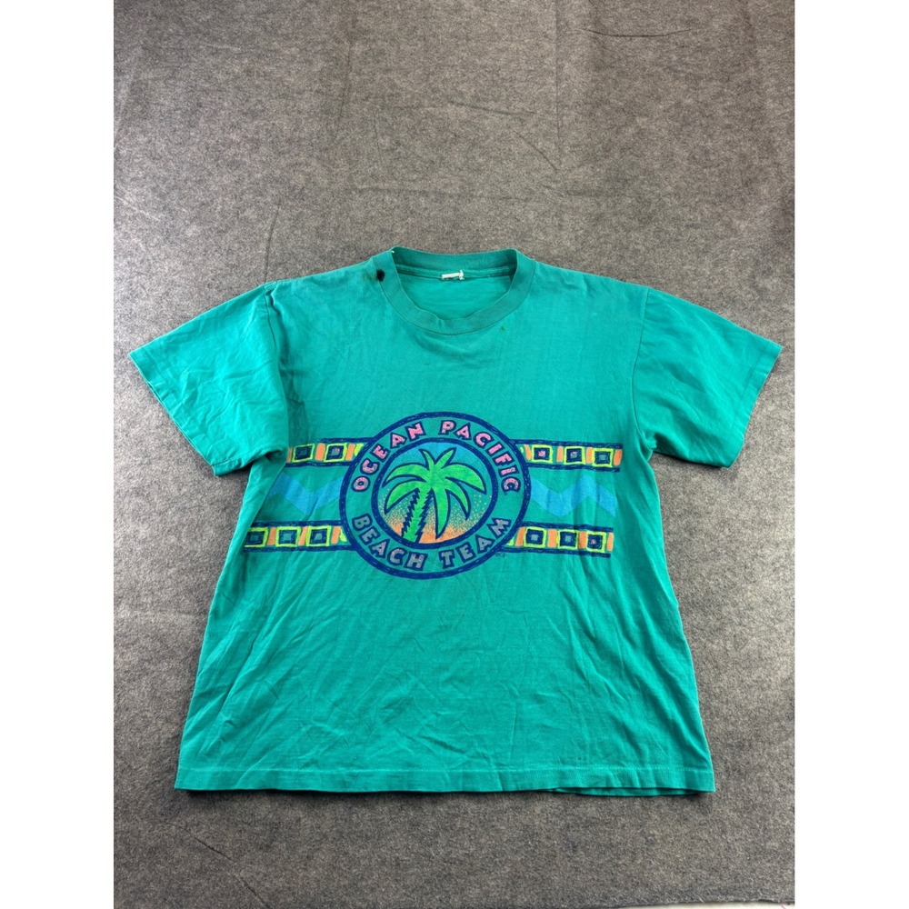 VTG Ocean Pacific Beach Team T-Shirt Teal Green Single Stitch Mens L Graphic